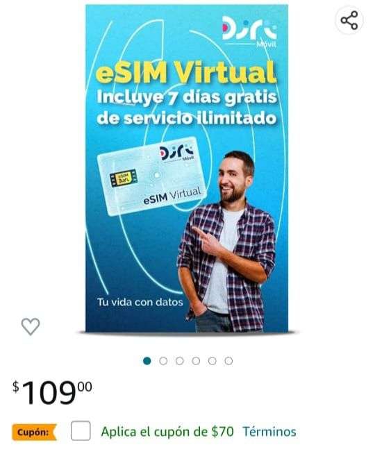 Amazon: eSIM Diri $39 ó pillofon $49 con paquete de 7 días con 10GB | envío gratis con Prime 
