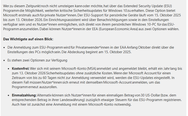 Microsoft Windows 10 ESU Konditionen