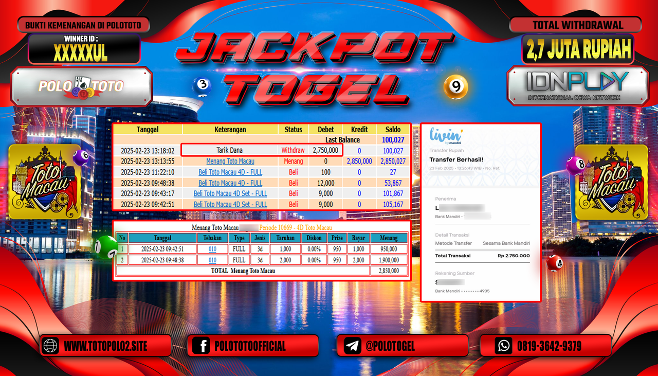 POLOTOTO JACKPOT TOGEL TOTO MACAU 4D Rp.2.750.000,-