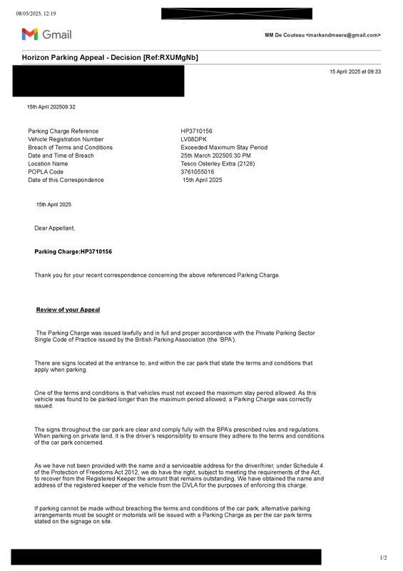 Gmail - Horizon Parking Appeal - Decision [Ref_RXUMgNb]