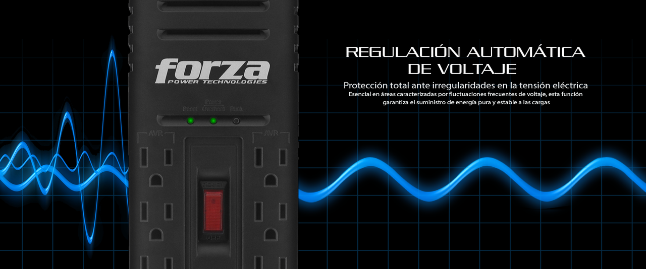Gráfico mostrando el regulador Forza de 2200VA protegiendo una estación de trabajo completa.