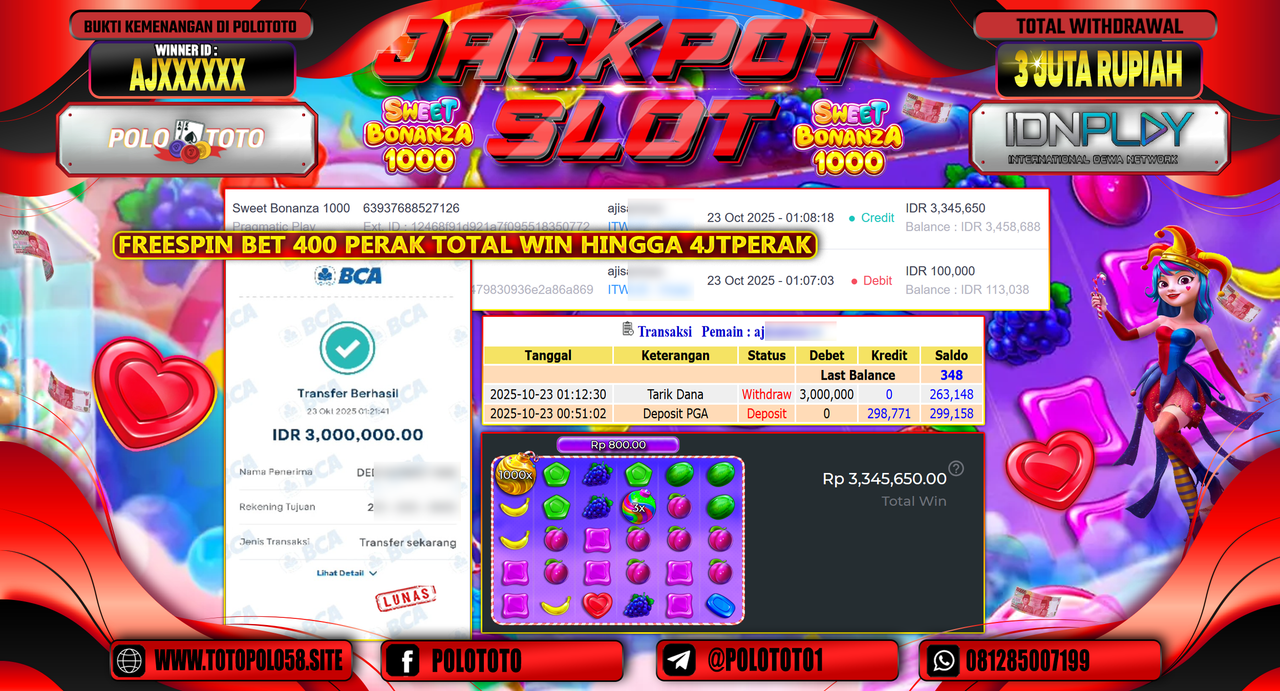 POLOTOTO JACKPOT SLOT SWEET BONANZA 1000 Rp.3.000.000,- LUNAS
