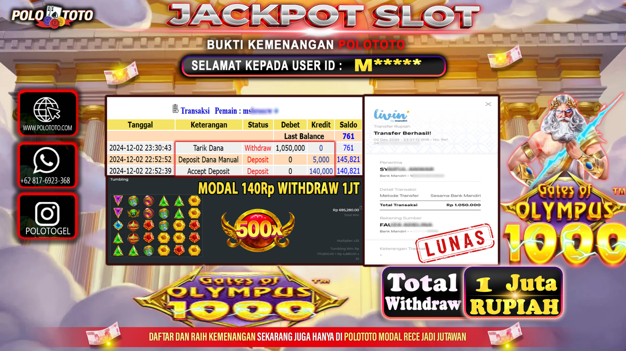 POLOTOTO JACKPOT SLOT GATES OF OLYMPUS 1000 Rp.1,050.000,-