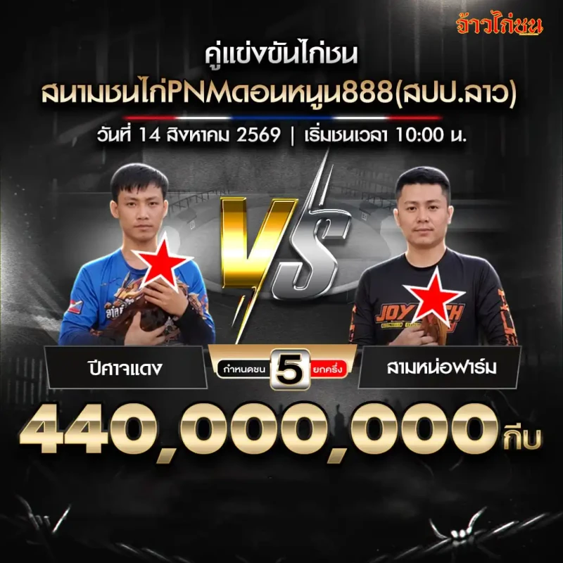 โปรแกรมไก่ชน สนามชนไก่PNMดอนหนูน888 14 สิงหาคม 2569 ชุปเปอร์แจ็ก พบ สายเขียวฟาร์ม