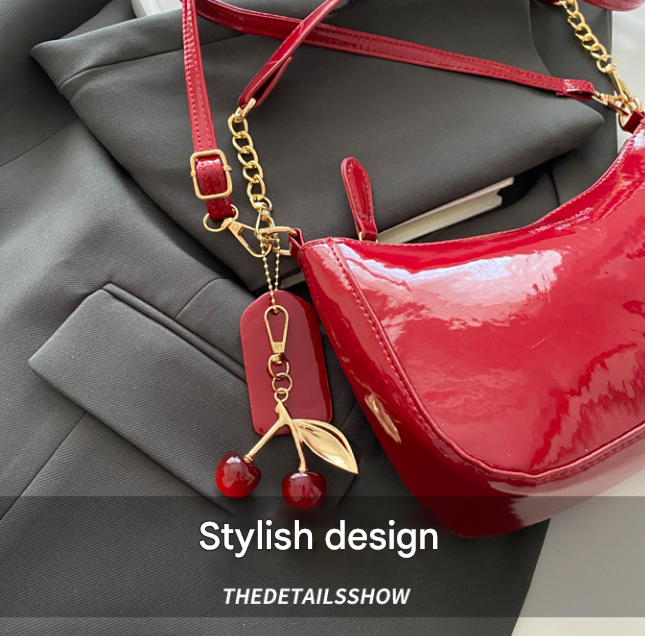 Black Chic Glossy PU Leather Underarm Bag & Crossbody Purse with Cherry Charm - Versatile Handbag for Women