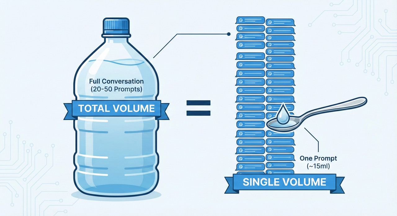 Infographic comparing a water bottle for a full conversation vs a teaspoon for a single prompt