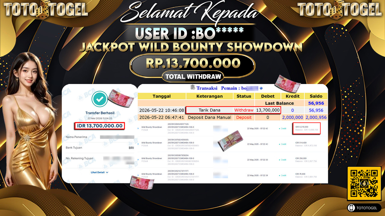 Bukti Pembayaran Jackpot Permainan Slot Wild Bounty Showdown ID:BO***** LUNAS
