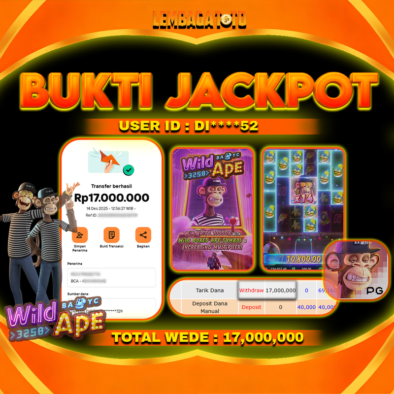 BUKTI JACKPOT 15 DECEMBER LEMBAGATOTO WILD BAYC APE Rp17,000,000,- LUNAS