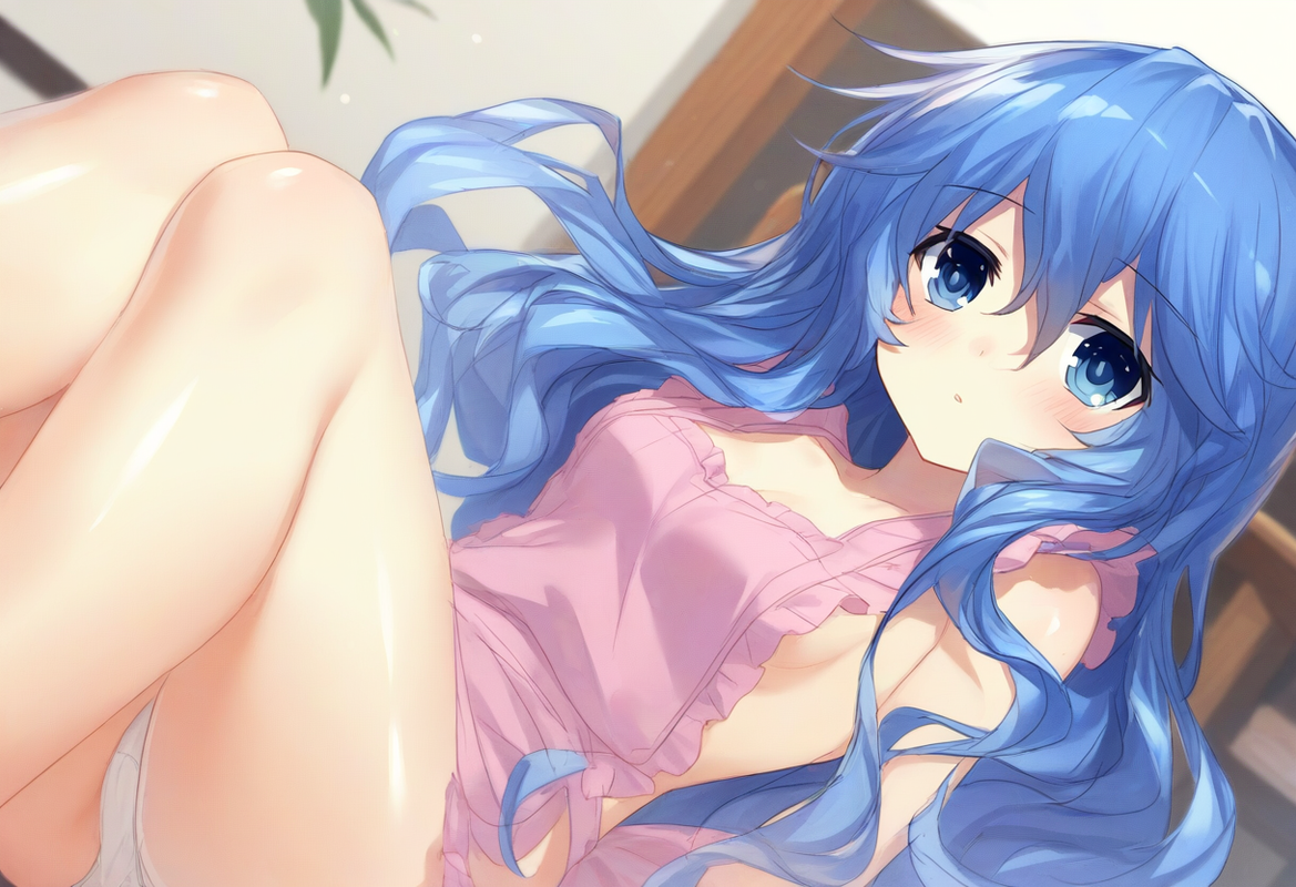 1girl, yoshino (date a live), nearly naked apron, underwear, blue hair, blue eye s-2597058650