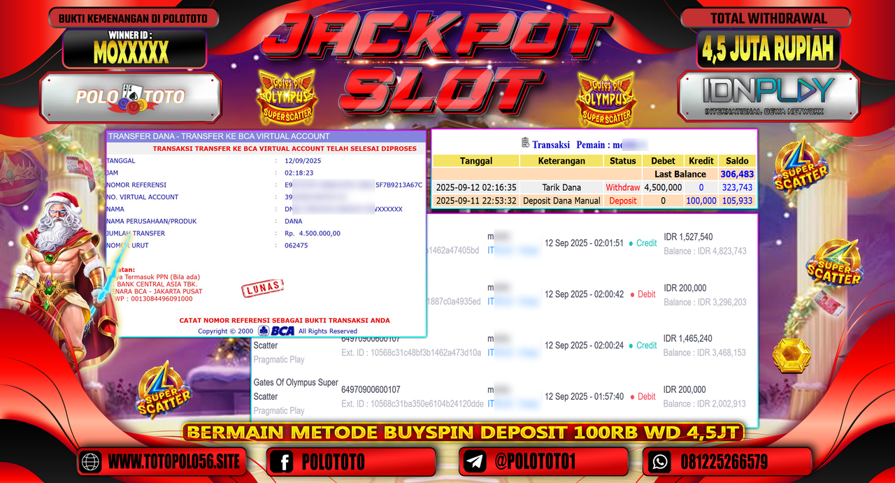 POLOTOTO JACKPOT SLOT GATES OF OLYMPUS SUPER SCATTER Rp.4.500.000,-