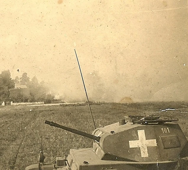 WAR German Pzkw II Panzer Tank in Polish Field w Fires Burning in Distance