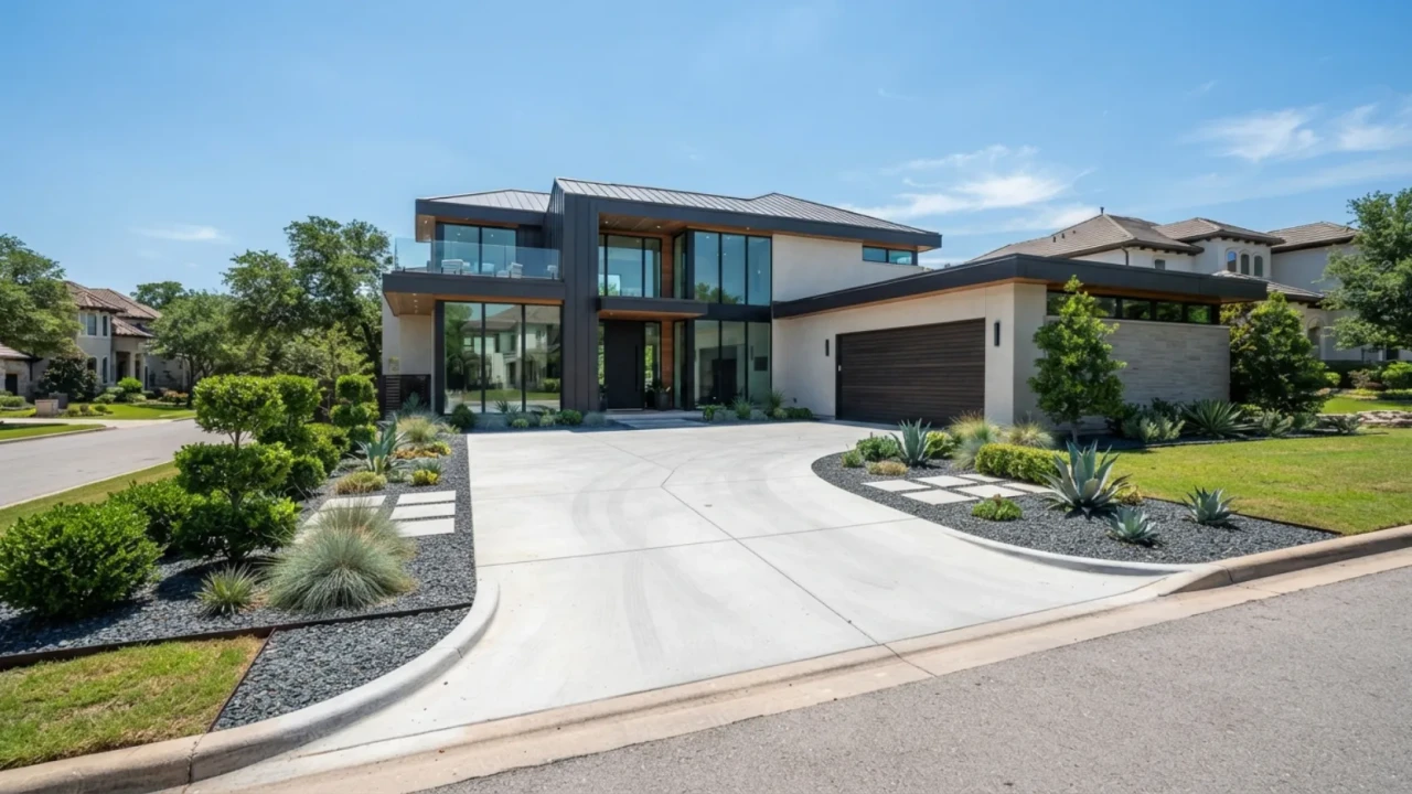 Concrete driveway leading to a modern home with simple landscaping along the edges
