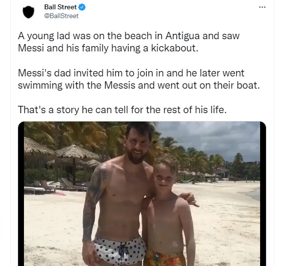 Mackenzie O'Neill, seorang bocah berusia 11 tahun asal Inggris, mengabadikan momen dengan berfoto bareng Lionel Messi saat tak sengaja berjumpa di Antigua pada 2019 lalu.