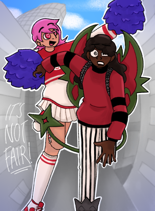 a drawing of aj and quinn dressed in costumes from the porter robinson cheerleader music video. quinn is dressed like porter and is stumbling forward with a worried expression on his face. behind them, aj is dressed like a cheerleader and is cheering happily. the background is a fisheye cityscape, and white text in the bottom left reads 'it's not fair!'