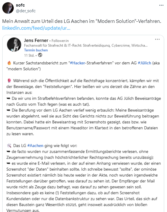 Sachstand "Modern Solution"-Verfahren