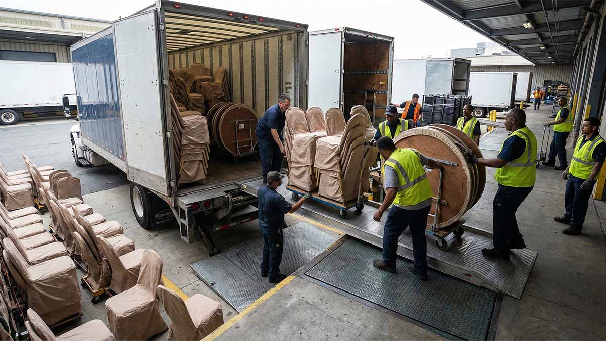 Процесс разгрузки мебели для мероприятия: штабели стульев и столы на тележках