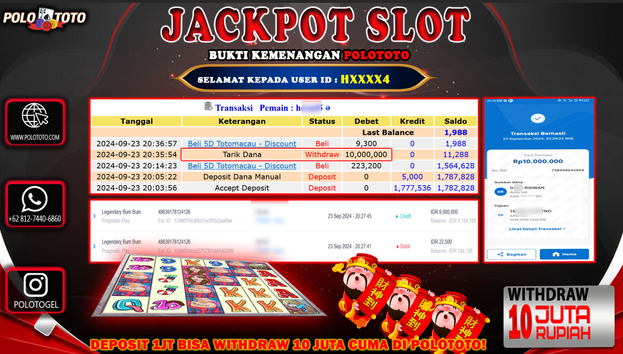 POLOTOTO JACKPOT SLOT LEGENDARY BUM BUM  Rp.10.000.000,- LUNAS