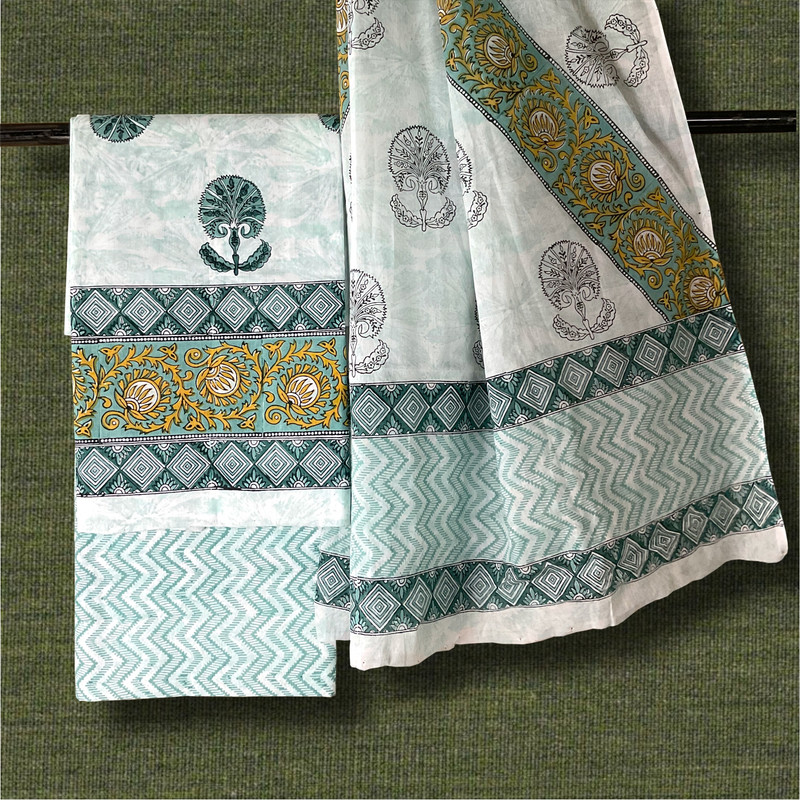 Teal Harmony Hand Block Printed Cotton Dress Material