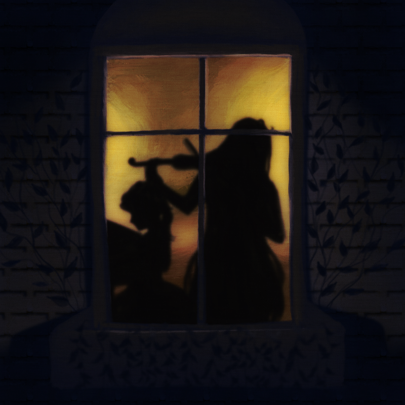 Antonio and Frederick playing music at night, with dim golden lighting around them, leaving their dark silhouettes visible on the window (which have vines hanging from the sidewalls)