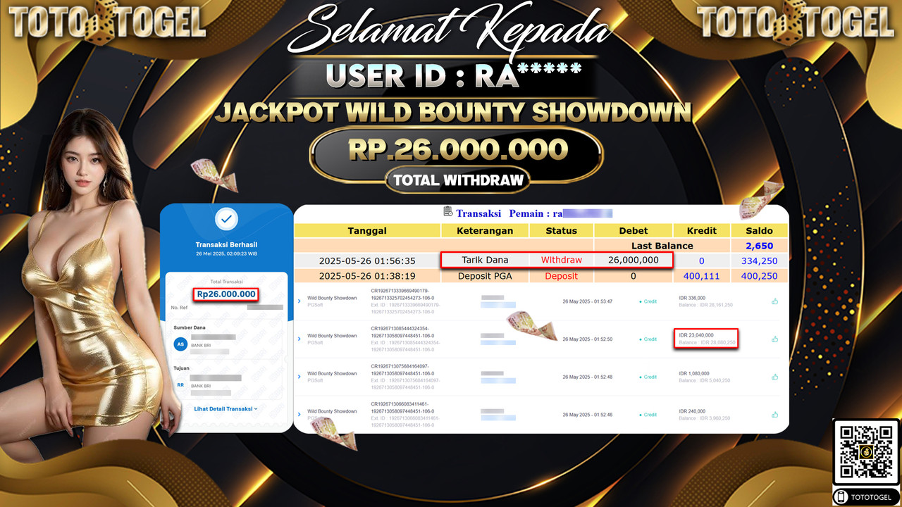 Bukti Pembayaran Jackpot Permainan Slot Wild Bounty Showdown ID:RA***** LUNAS