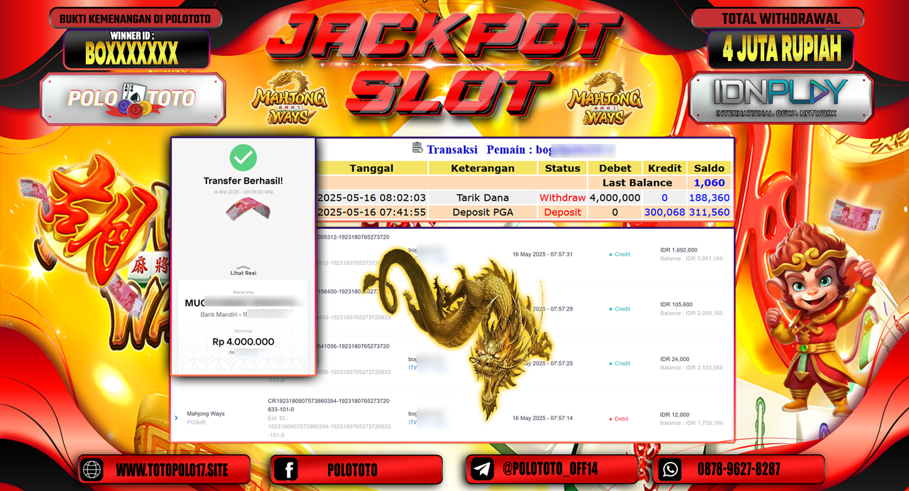 POLOTOTO JACKPOT SLOT MAHJONG WAYS Rp.4.000.000,-