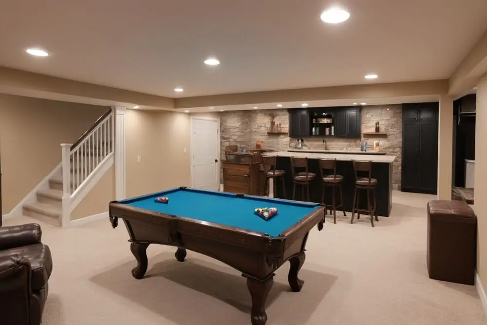 Finished Chicago basement with entertainment area and modern lighting
