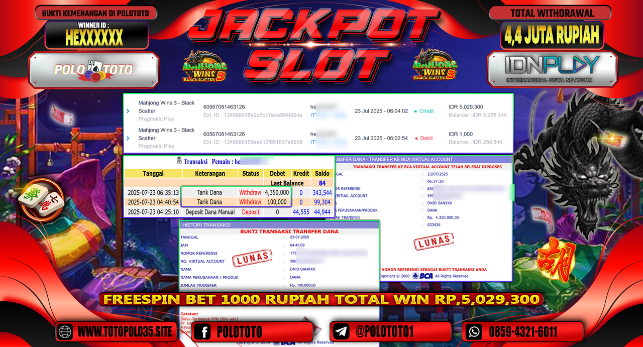 POLOTOTO JACKPOT SLOT MAHJONG WINS 3 - BLACK SCATTER Rp.4.400.000,- LUNAS