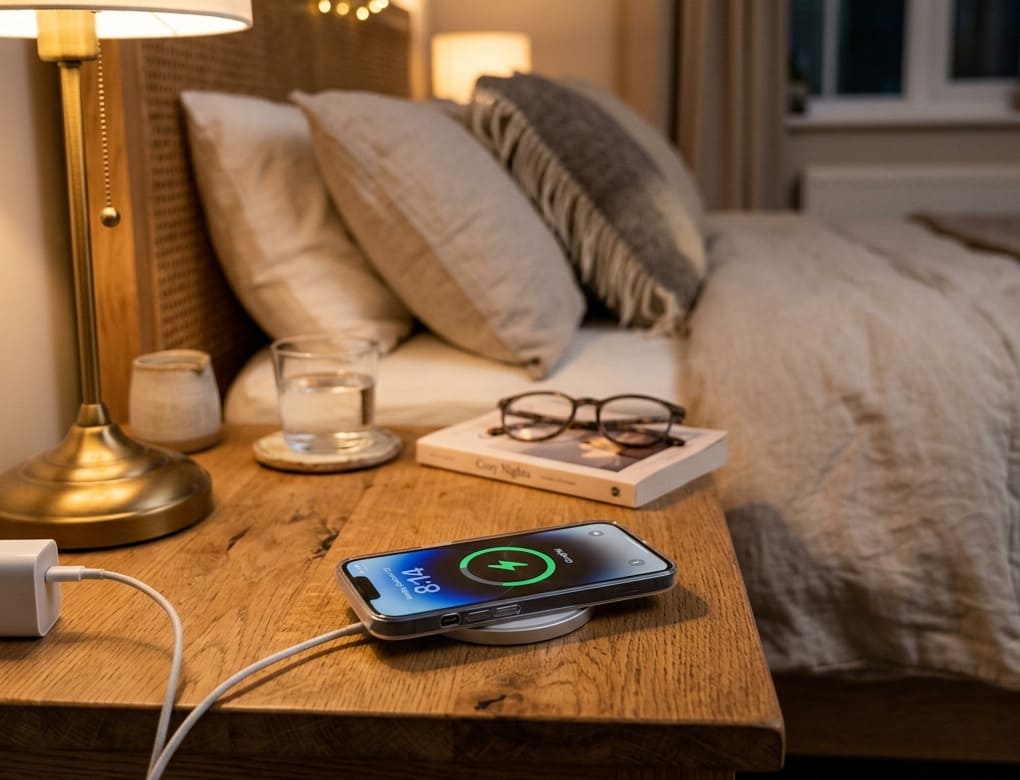 iPhone 14 заряжается от MagSafe на тумбочке