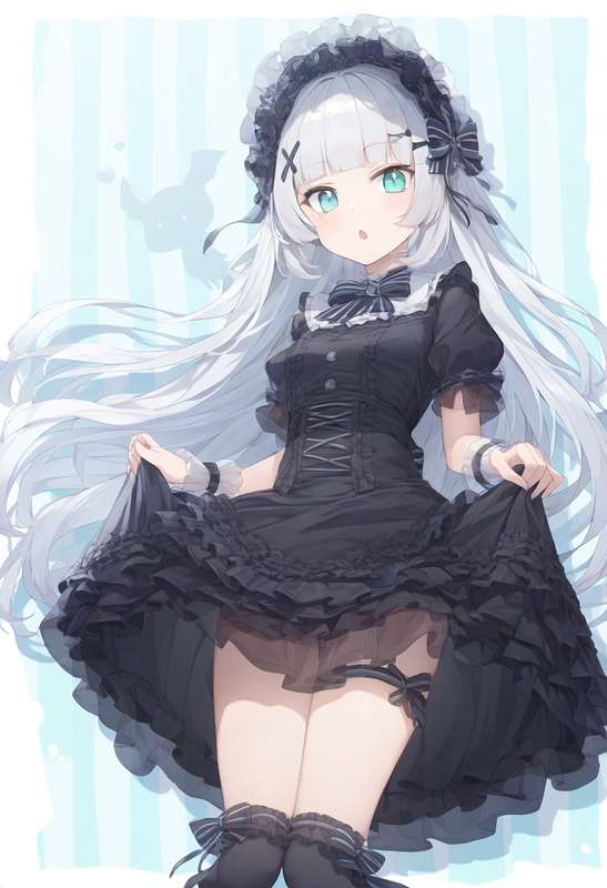 1girl, striped background, aqua eyes, long hair, hime cut, white hair, short ban s-1168394691