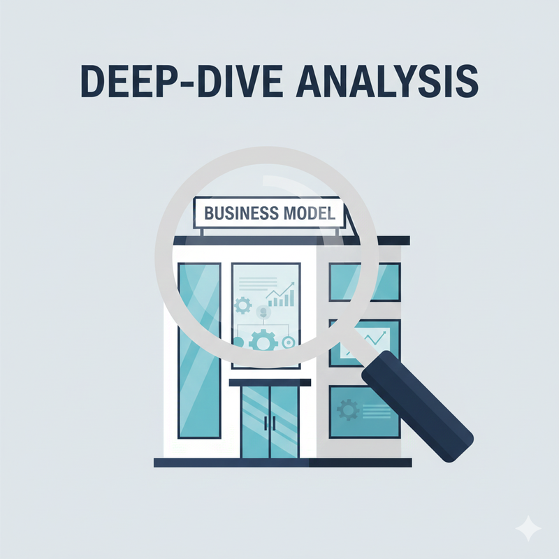 A magnifying glass inspecting a company building titled “Business Model”.