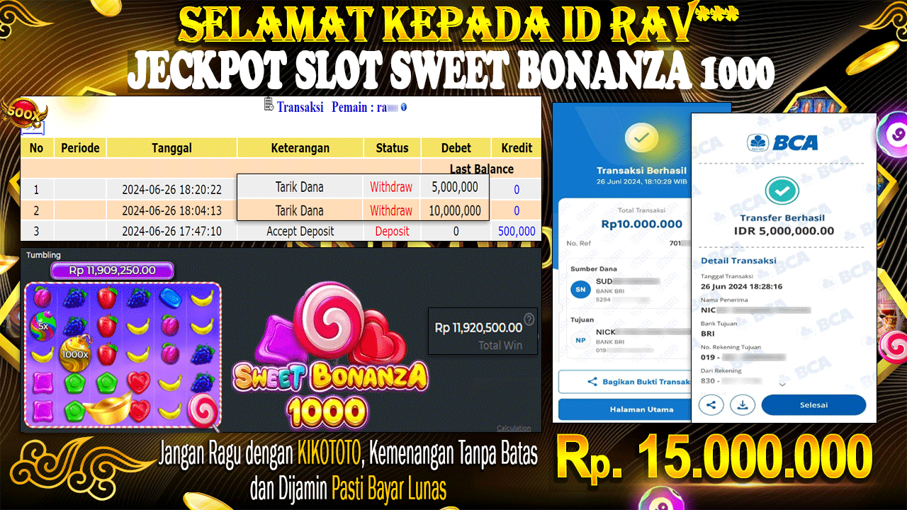 JECKPOTT !!! MENANG BESAR DI SLOT SWEET BONANZA 1000 SEBESAR Rp 15,000,000 LANGSUNG DI BAYAR KIKOTOTO !!!!