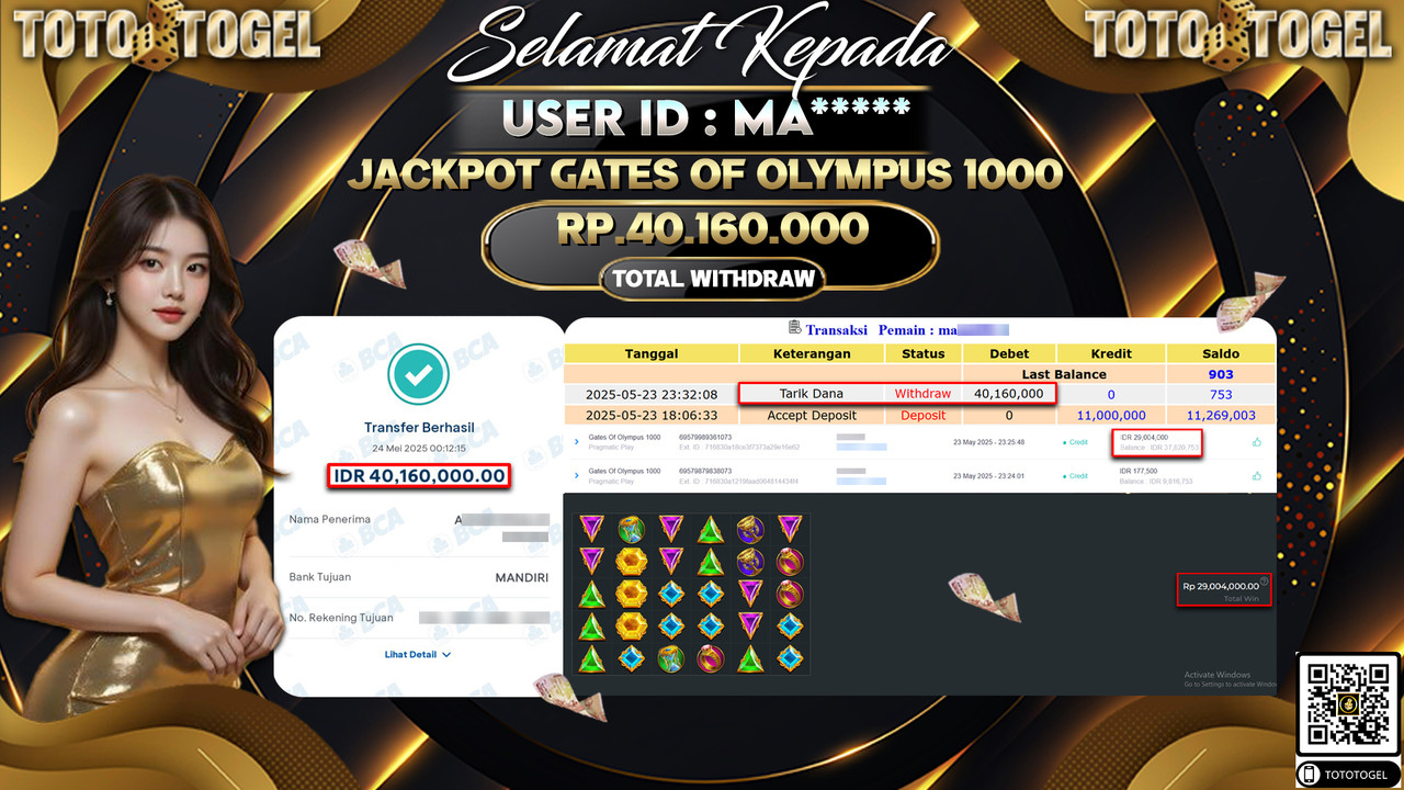 Bukti Pembayaran Jackpot Permainan Slot Gates Of Olympus 1000 ID:MA***** LUNAS