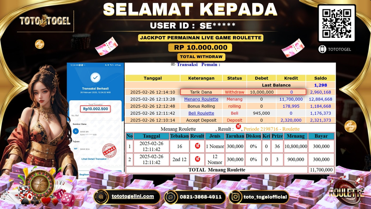 Bukti Pembayaran Jackpot  Permainan Live Game Roulette  ID:SE***** LUNAS