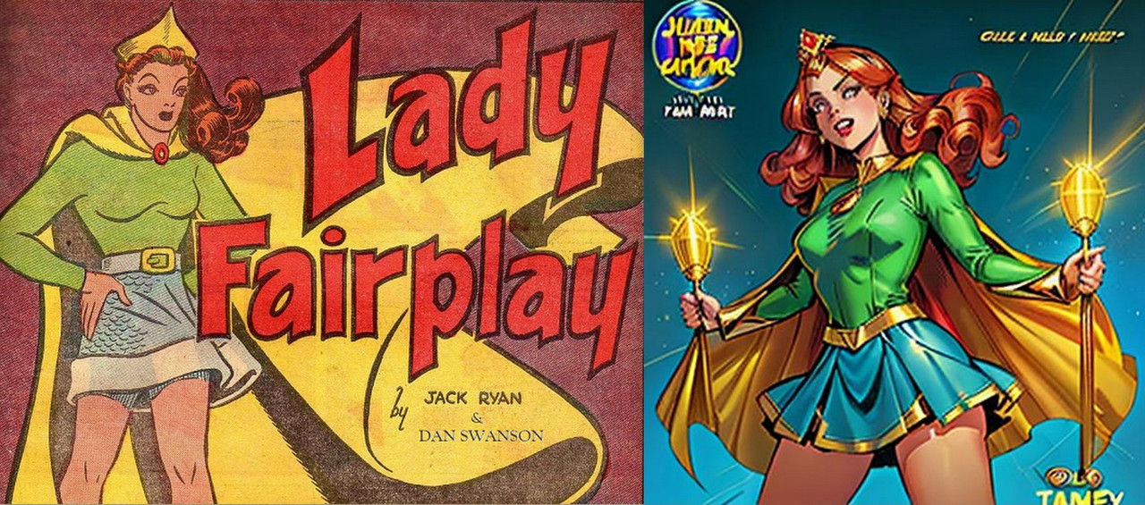Lady Fairplay - a white female superheroine with long red hair, a small tiara over her forehead, a yellow cape, green top with long sleeves, and a knee-length blue skirt