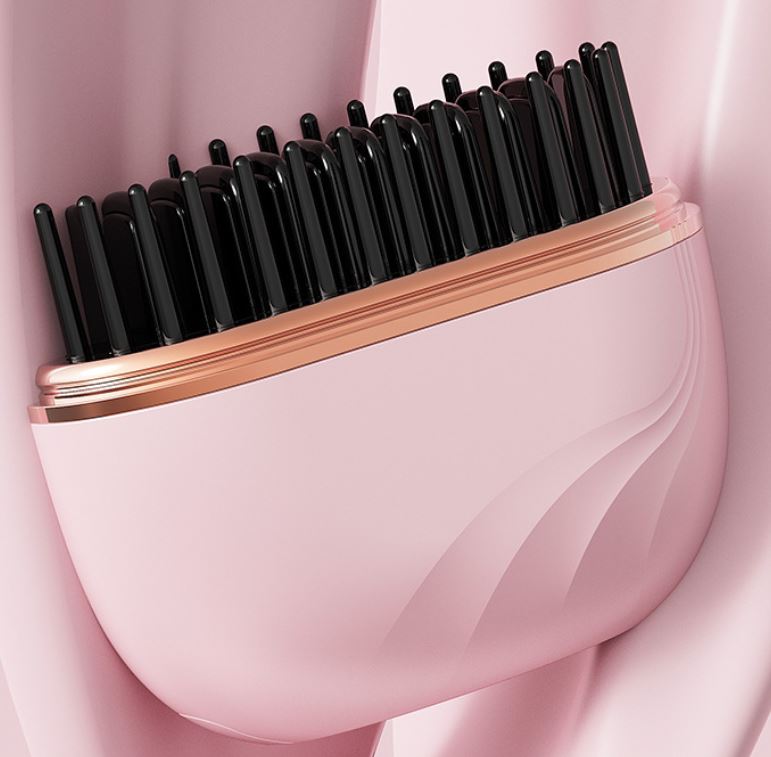 Pink Cordless Portable Hair Straightening & Curling Brush - Plant Protein Coating for Hair Protection, 30s Fast Heating & Dual Anti-Scald