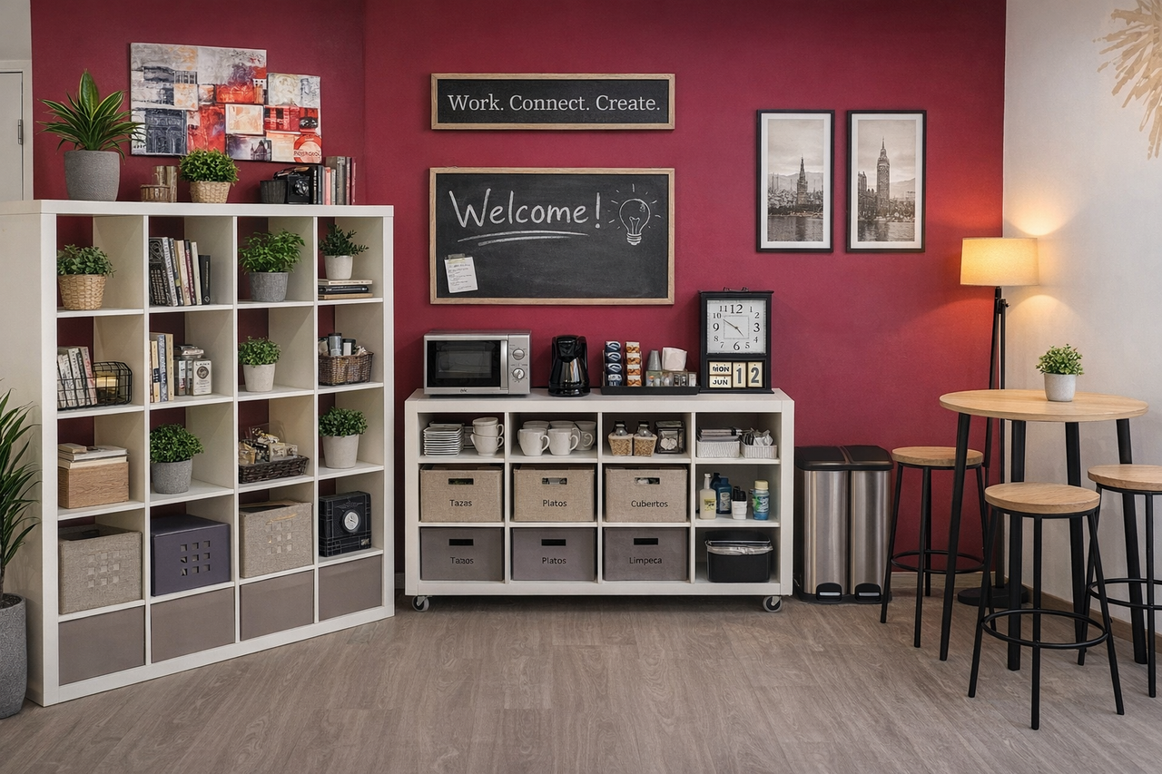 A person using a laptop in a modern office.