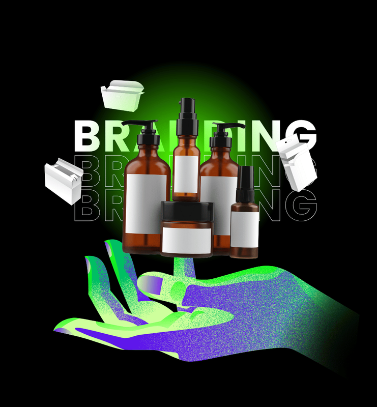 3D illustration of skincare bottles and jars without labels, held by a digital hand, symbolizing unpackaged products ready for custom packaging and branding design services by Vinner Agency