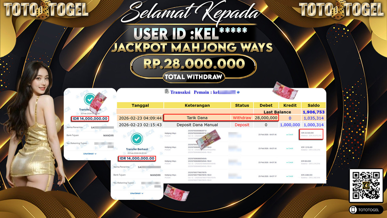 Bukti Pembayaran Jackpot Permainan Slot Mahjong Ways ID:KEL*****LUNAS