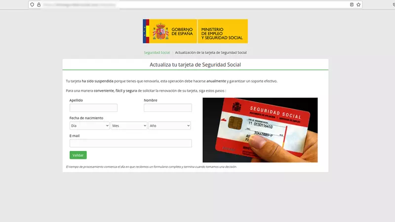 Web falsa que pide actualizar la tarjeta de la Seguridad Social
