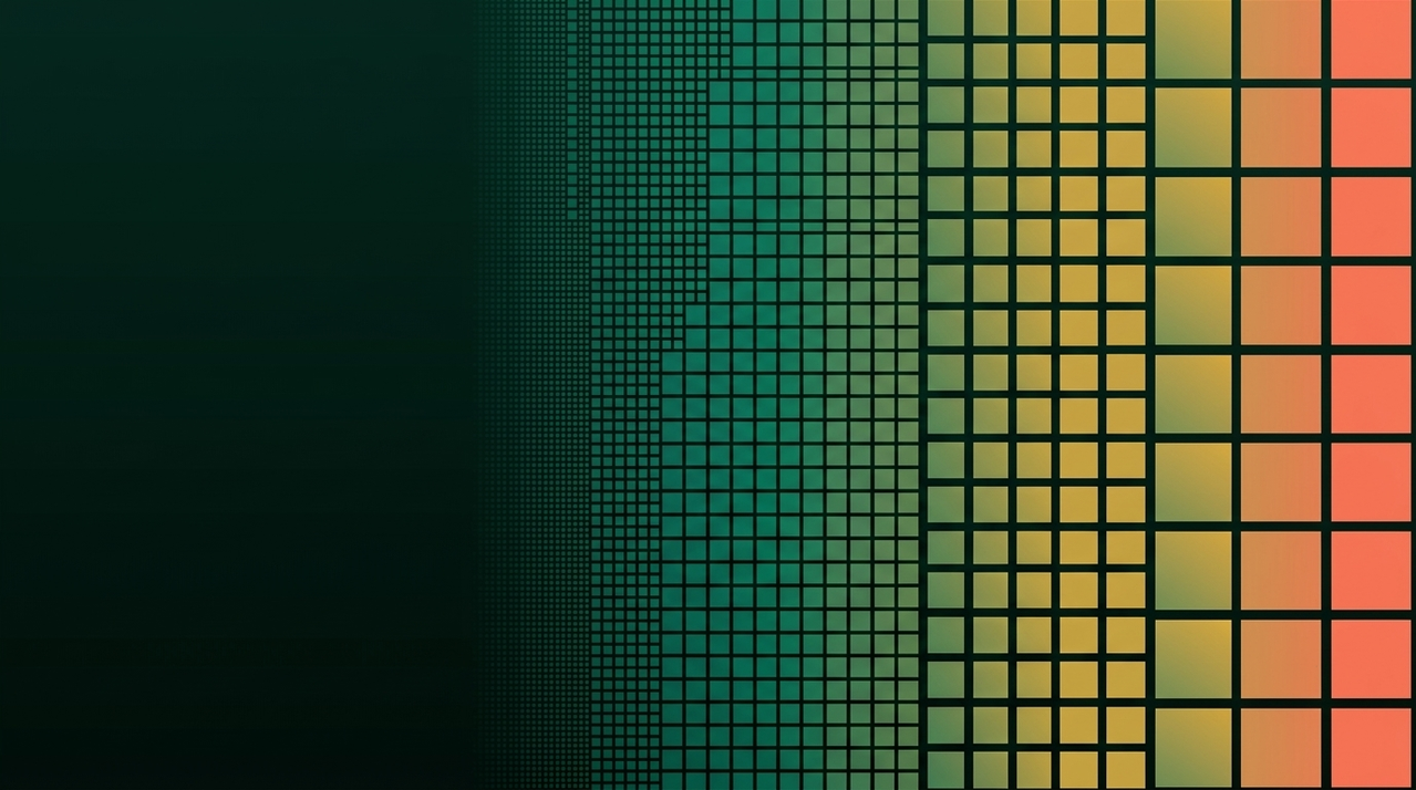 A field of very fine squares on the left resolving into large individual squares on the right, each carrying an averaged colour