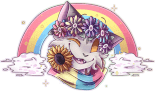 Artwork of Ash, Nuz's avatar/custom cat, winking at the viewer. They're wearing a colorful flower crown and they have a yellow sunflower tucked into their scarf, which is dyed like the pansexual pride flag (pink, yellow, and blue). Behind them is a rainbow, also in the colors of the pan pride flag.
