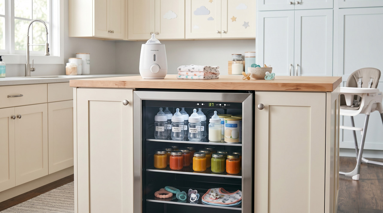 Centro de enfriamiento de bebidas Frigidaire de 46 botellas integrado en una cocina moderna con estantes de madera