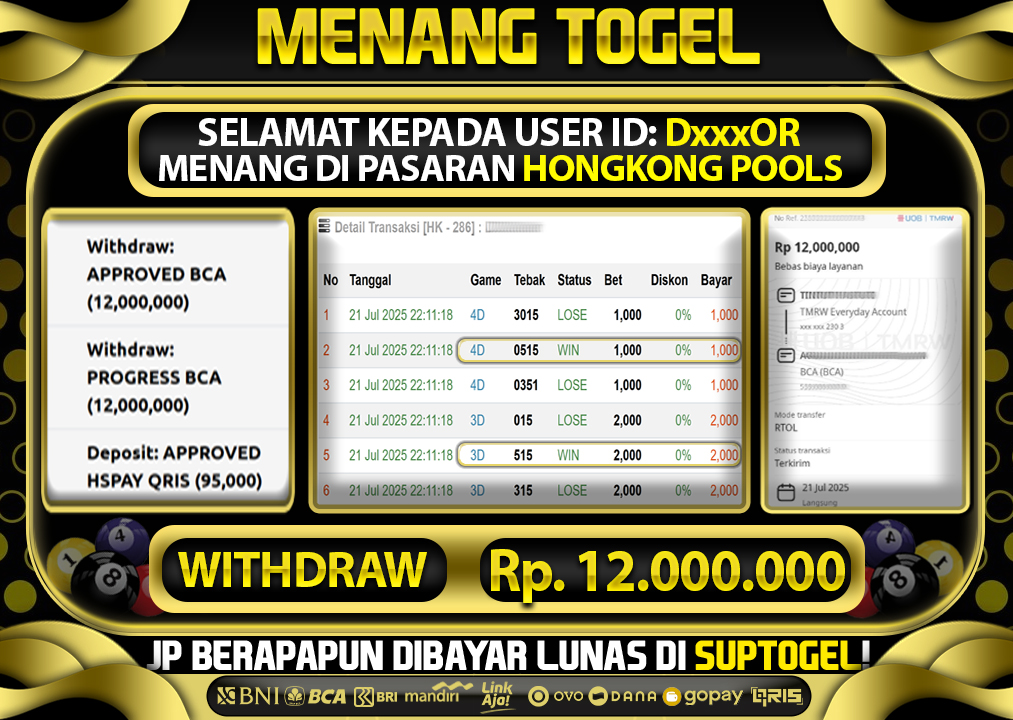  BUKTI KEMENANGAN 21 JULY 2025 MENANG DI PASARAN HONGKONG POOLS TOTAL WD 12 JUTA