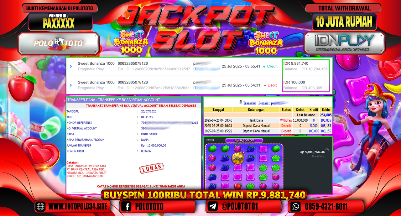 POLOTOTO JACKPOT SLOT SWEET BONANZA 1000 Rp.10.000.000,-LUNAS