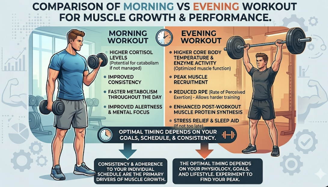 Circadian rhythm and performance chart showing morning vs evening workout effects on strength and hormones