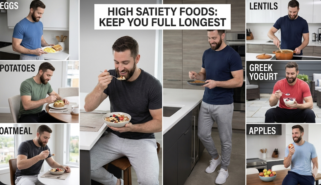 Collage of high satiety foods including eggs, potatoes, oatmeal, lentils, Greek yogurt, and apples, illustrating foods that keep you full longest