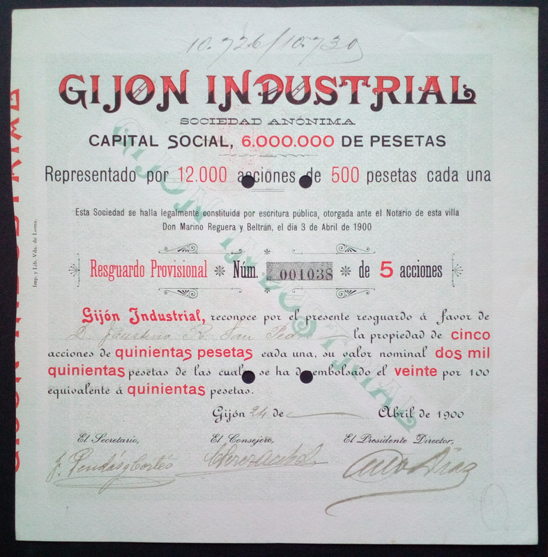 Acción al portador de Gijón Industrial S.A. 1901 Resguardo-acciones-Gij-n-Industrial