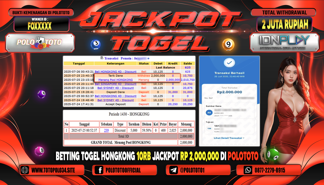 POLOTOTO JACKPOT TOGEL HONGKONG LOTTO Rp.2.000.000,- LUNAS