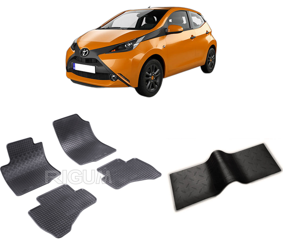 Set covorase auto TOYOTA AYGO II din 07.2014-11.2021, cu covoras tunel median, CAROSERIE HATCHBACK, Presuri cauciuc 100%, compatibil cu autoturismul TOYOTA AYGO II, Rigum