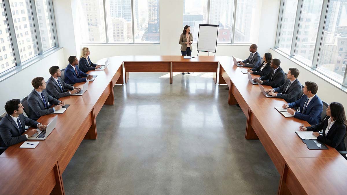 U-образная рассадка для переговоров с открытым центром для спикера.